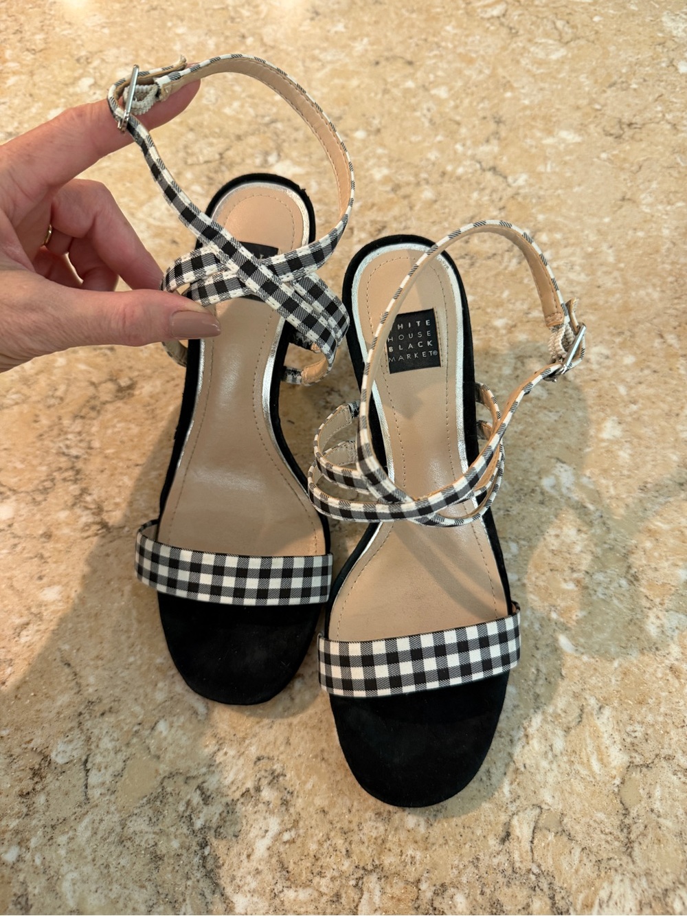 White House Black Market Black and White Gingham Ankle-Strap Heels